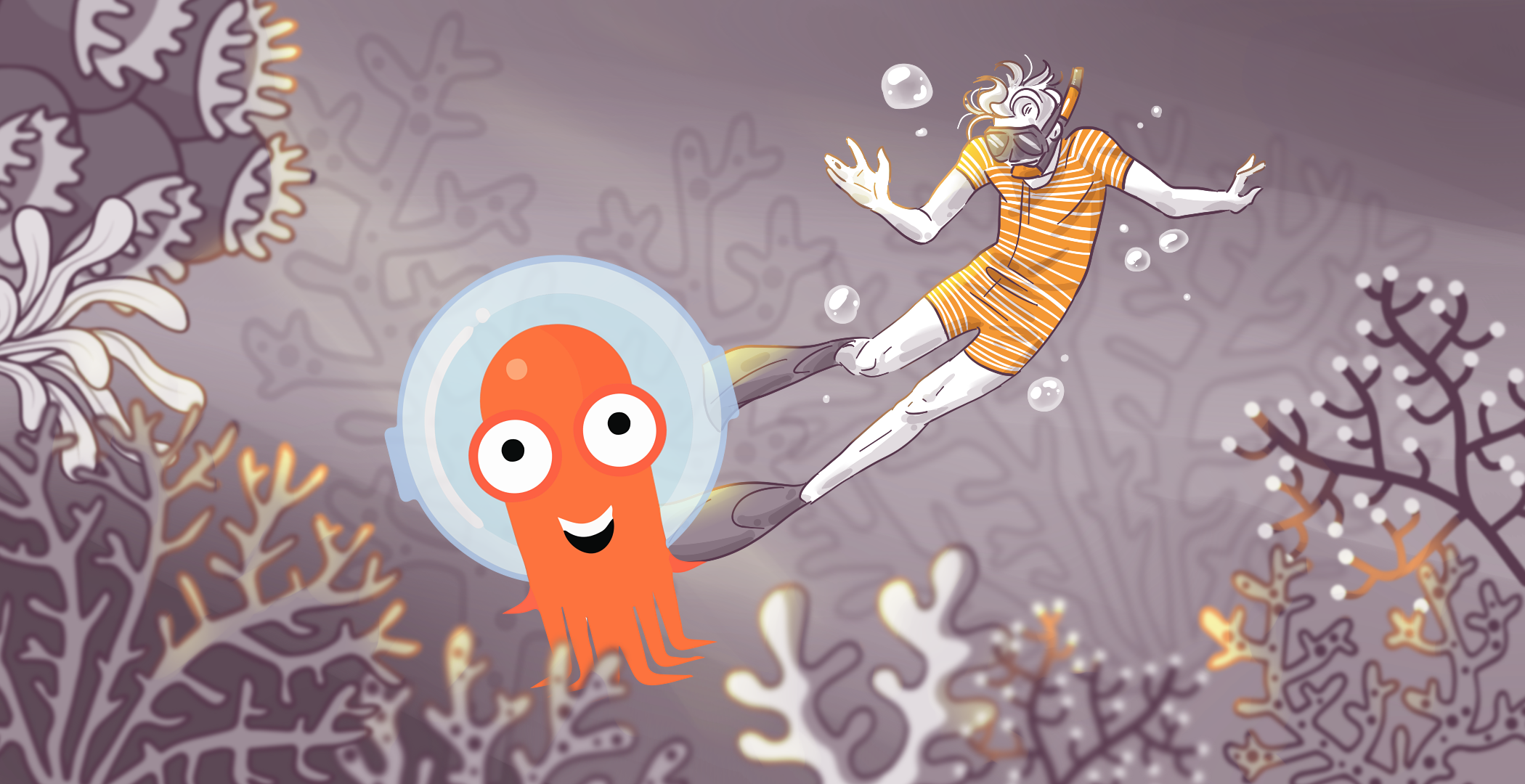 Illustration of a cheerful cartoon octopus wearing an astronaut helmet next to a human diver swimming underwater among stylized coral reefs.