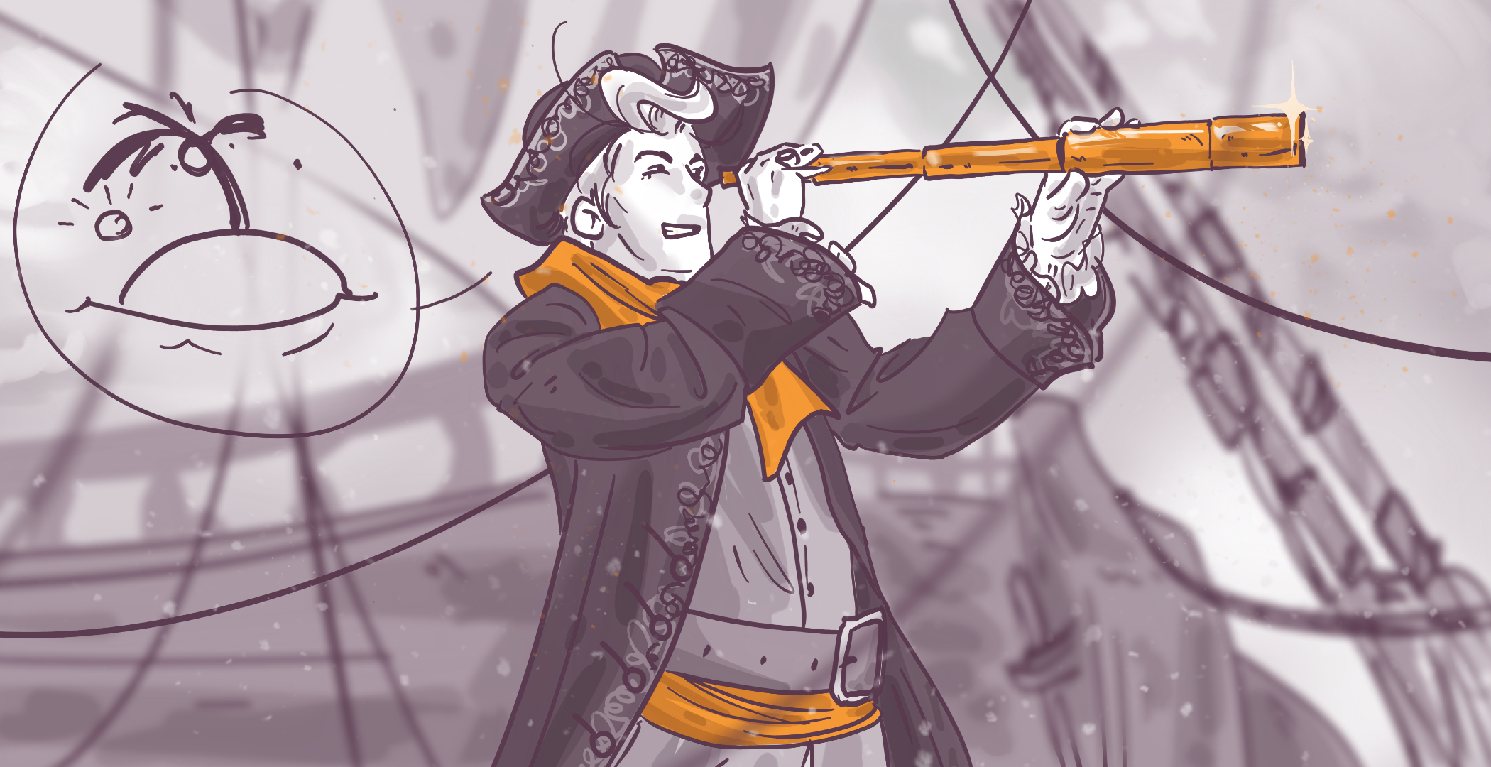 Illustration of a fancifully dressed pirate with a telescope, on a ship with ropes and rigging in the background, and a displeased doodled face on a floating bubble.