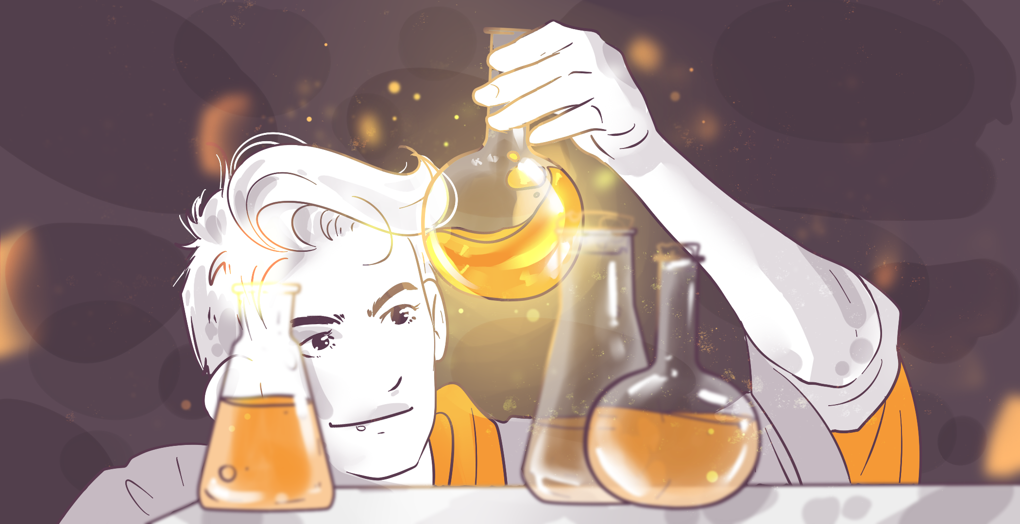 Illustration of a person conducting a chemistry experiment with flasks and beakers containing glowing orange substances on a lab bench, conveying a sense of wonder and discovery.