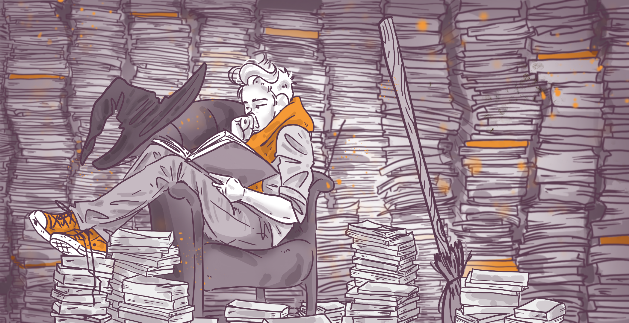 Illustration of a person wearing a hat and sitting on a pile of books while reading, surrounded by towering stacks of books.