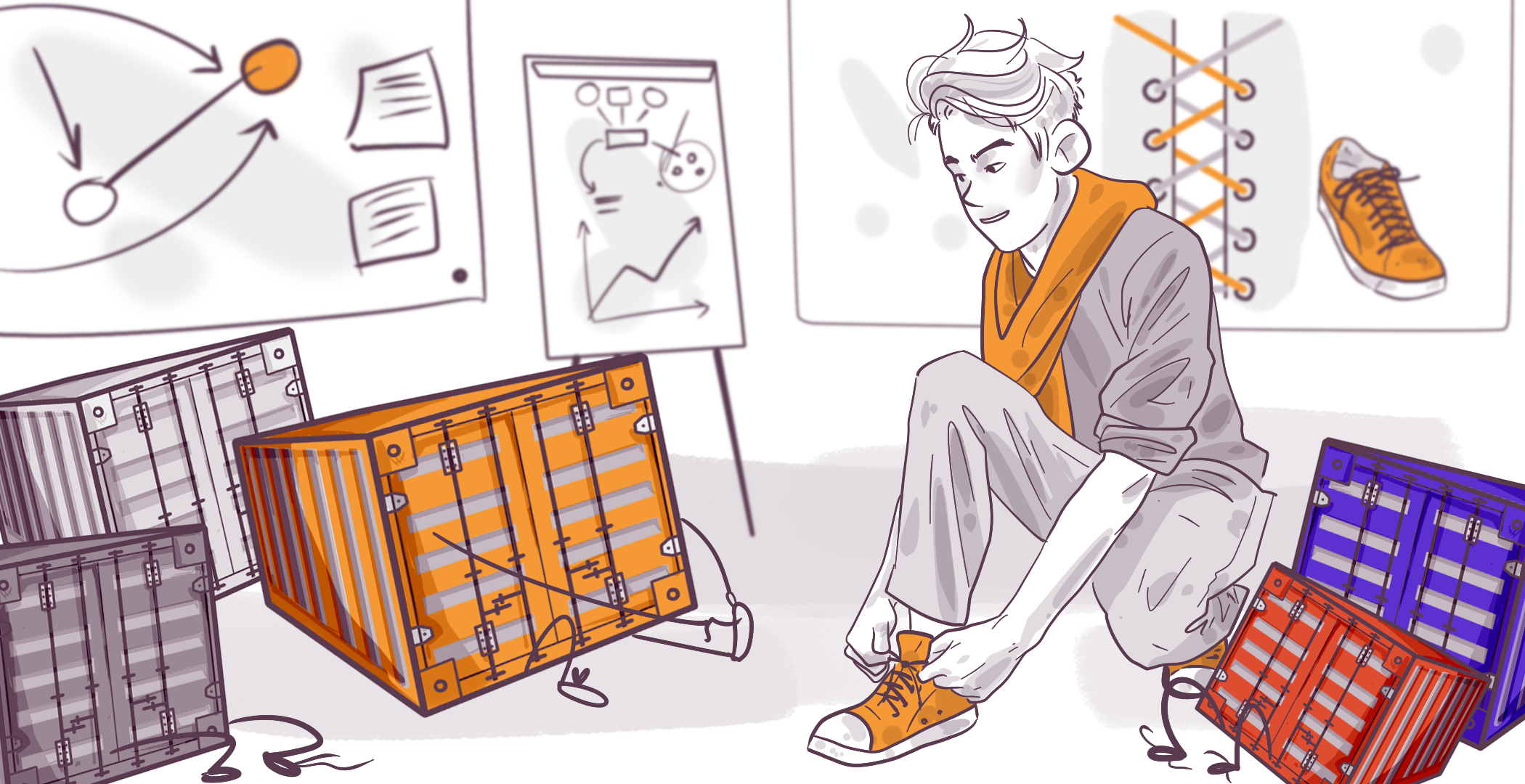 Illustration of a person tying the laces of an orange shoe, surrounded by colorful cargo containers and diagrams on the wall, suggesting logistics planning or creativity in a workplace.