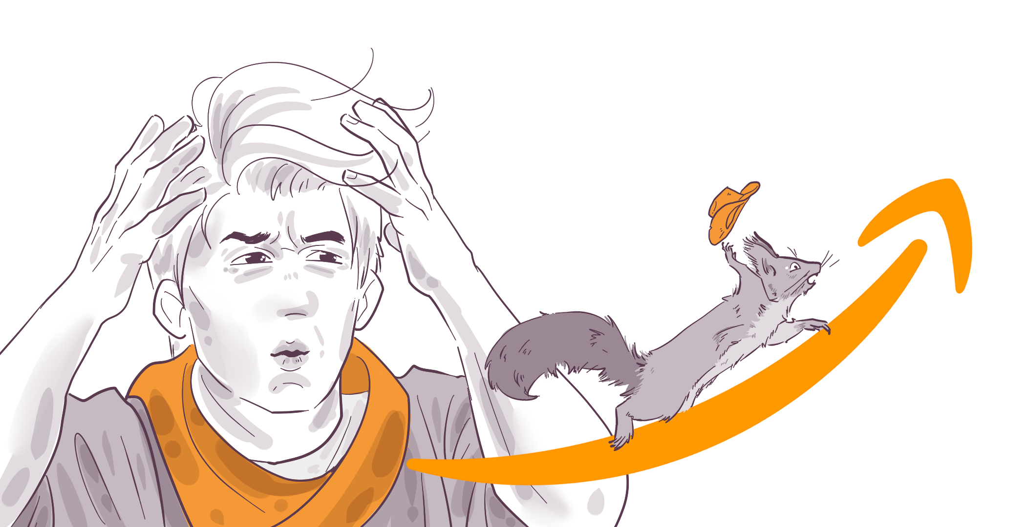 Illustration of a confused young person with their hands on their head next to an animated squirrel throwing a hat, both following a curving orange arrow trajectory.