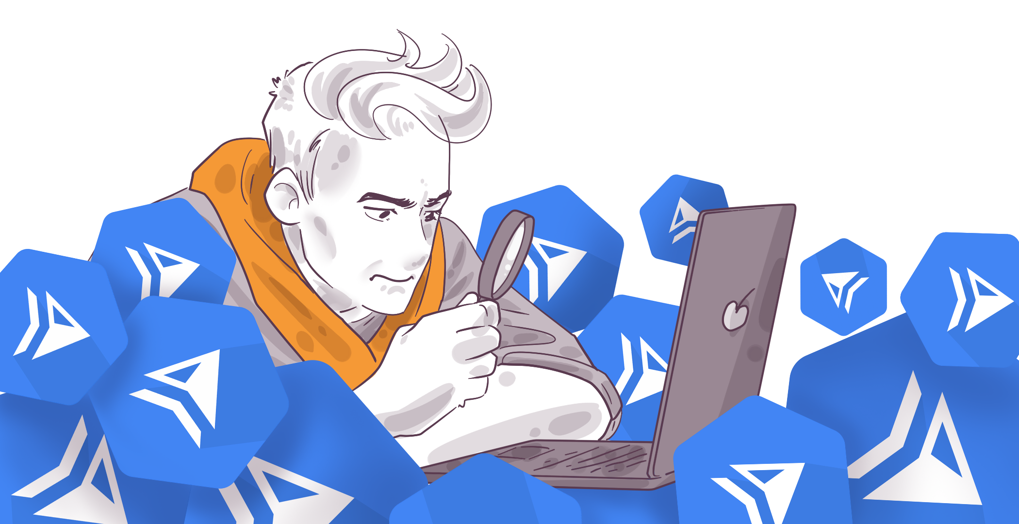 Illustration of a person with a magnifying glass examining a laptop surrounded by blue, hexagon-shaped icons with white symbols.