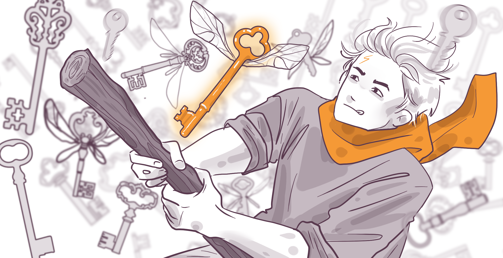 Illustration of a person with a whimsical expression examining a floating wooden object, surrounded by a variety of keys with intricate designs, in a monochrome setting with an orange highlight.