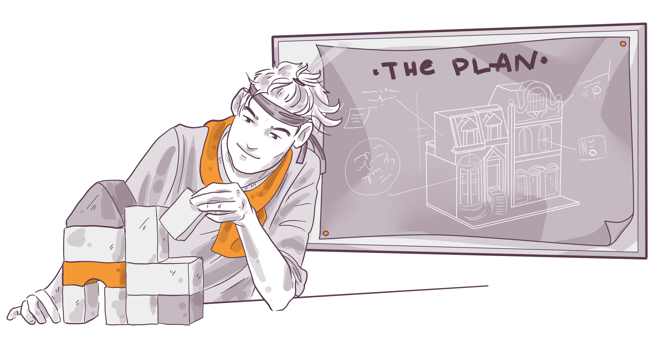 Illustration of a person sitting on the floor next to a stack of books, smiling and looking at a phone, with a large chalkboard background displaying 'THE PLAN' and a drawing of a building.