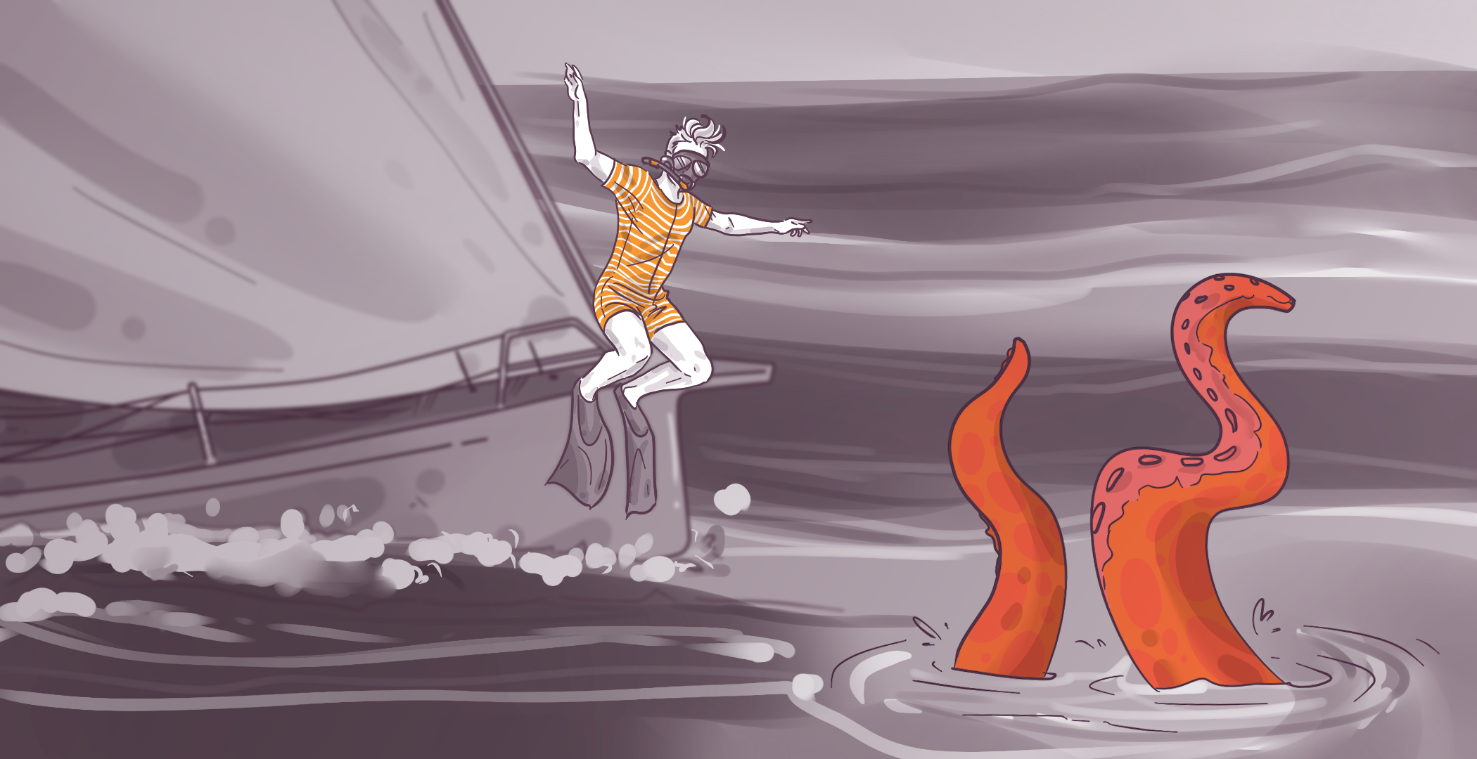 Illustration of a person in a vintage swimsuit and goggles diving off a boat with a stylized sea monster's tentacles emerging from the water nearby.