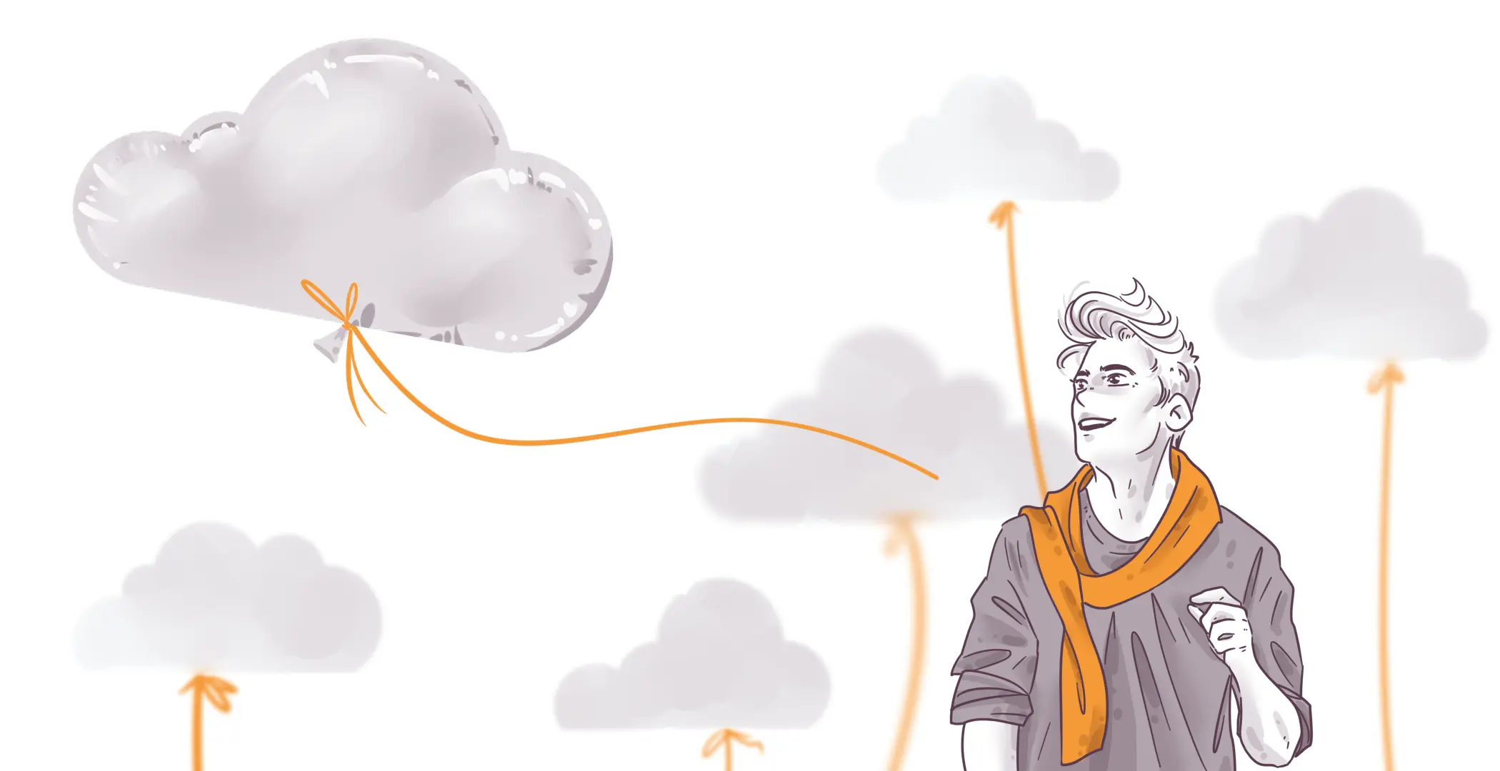 Illustration of a person gazing upwards with a smile, tied to a cloud by a string in a whimsical, sketchy style, surrounded by additional clouds and abstract orange lines rising up from the ground.