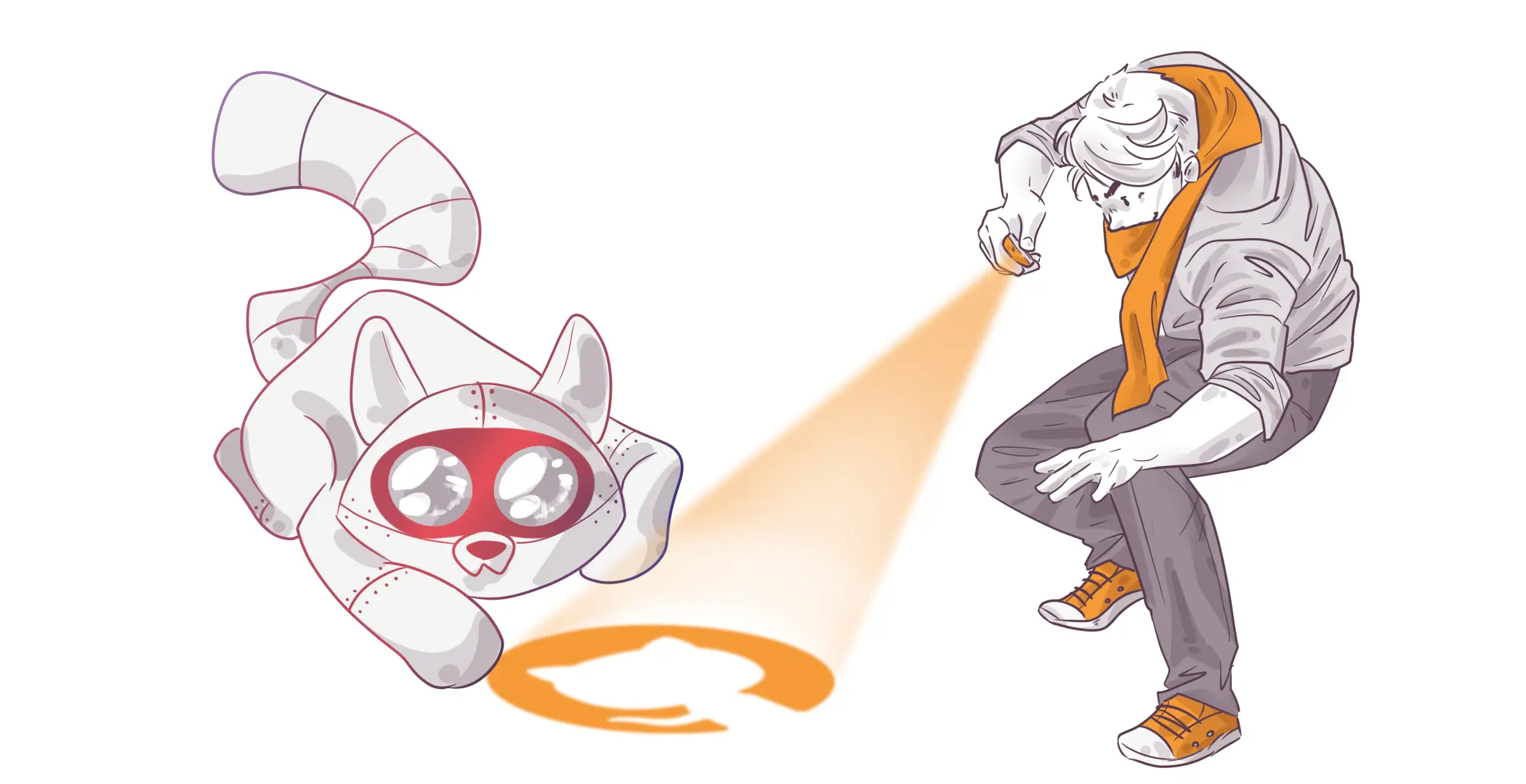 Illustration of a stylized person wearing an orange scarf crouching and reaching out to a cartoon cat being projected by a beam of light from a handheld device.