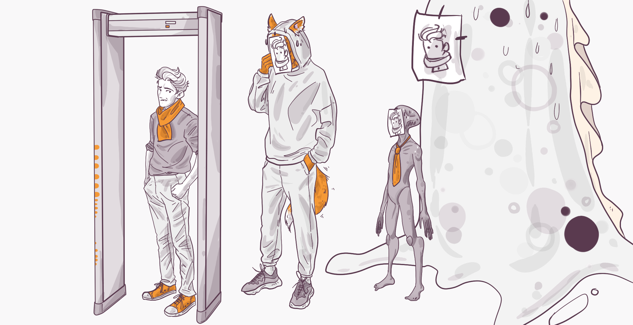 Illustration of three stylized figures: one in a security scanner, another wearing an animal costume using a phone, and the third resembling a robot or mannequin, with an abstract background and a sketched portrait pinned on the wall.