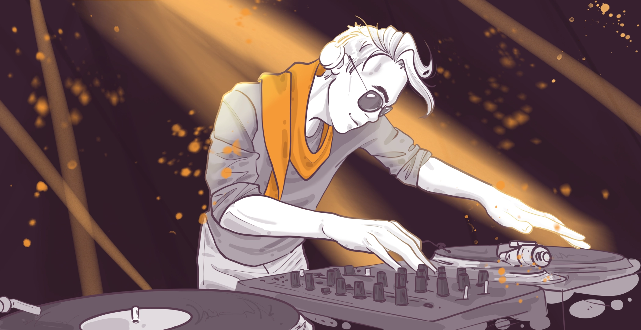 Animated dog character DJing with headphones, mixing on turntables under a spotlight with orange and yellow glow effects.