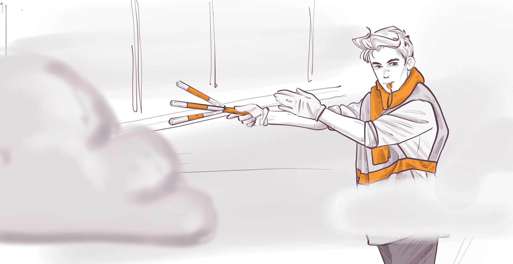 Illustration of a person wearing an orange safety vest and scarf, holding wands for directing traffic. They are blowing a whistle and surrounded by light clouds or smoke. Lines suggest movement or direction in the background.